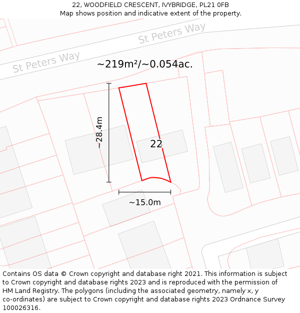 22, WOODFIELD CRESCENT, IVYBRIDGE, PL21 0FB: Plot and title map