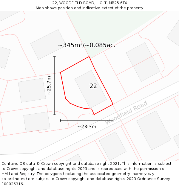 22, WOODFIELD ROAD, HOLT, NR25 6TX: Plot and title map