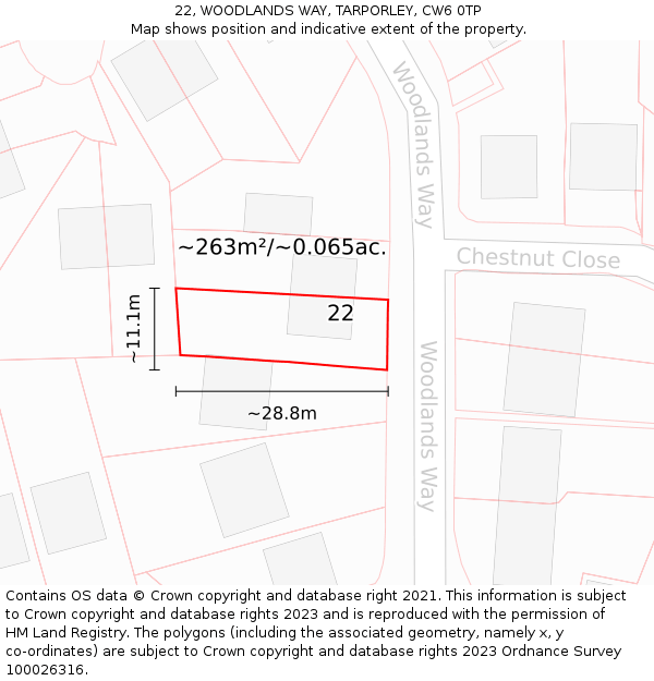 22, WOODLANDS WAY, TARPORLEY, CW6 0TP: Plot and title map