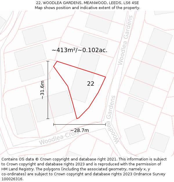 22, WOODLEA GARDENS, MEANWOOD, LEEDS, LS6 4SE: Plot and title map