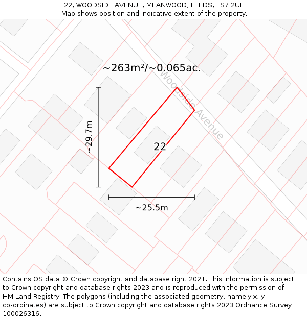 22, WOODSIDE AVENUE, MEANWOOD, LEEDS, LS7 2UL: Plot and title map