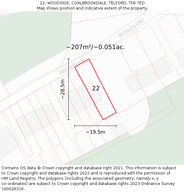 22, WOODSIDE, COALBROOKDALE, TELFORD, TF8 7ED: Plot and title map