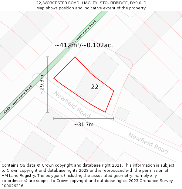 22, WORCESTER ROAD, HAGLEY, STOURBRIDGE, DY9 0LD: Plot and title map