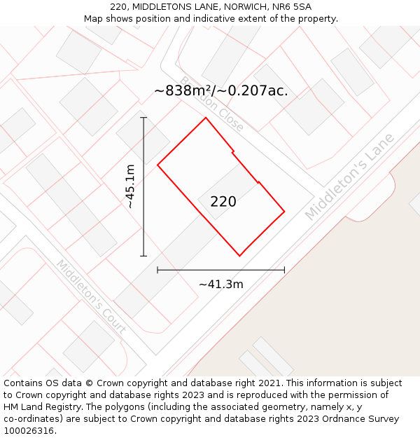 220, MIDDLETONS LANE, NORWICH, NR6 5SA: Plot and title map