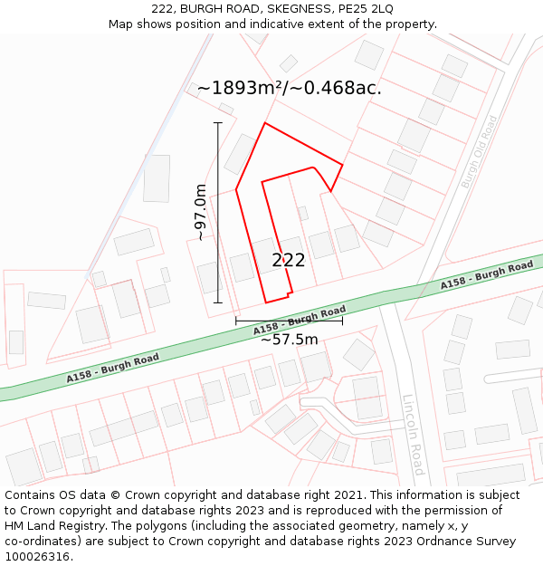 222, BURGH ROAD, SKEGNESS, PE25 2LQ: Plot and title map