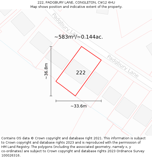 222, PADGBURY LANE, CONGLETON, CW12 4HU: Plot and title map