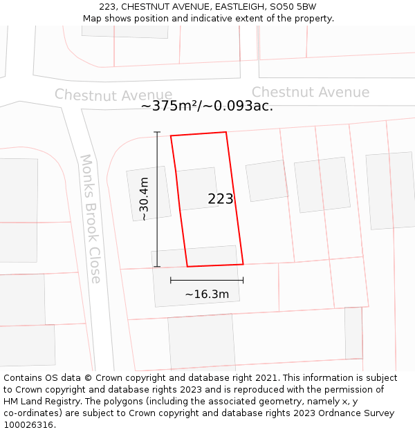 223, CHESTNUT AVENUE, EASTLEIGH, SO50 5BW: Plot and title map