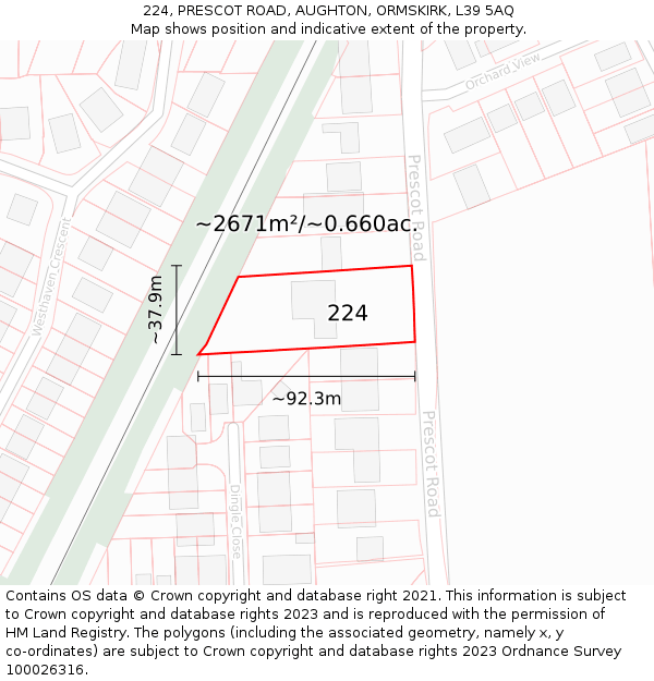 224, PRESCOT ROAD, AUGHTON, ORMSKIRK, L39 5AQ: Plot and title map