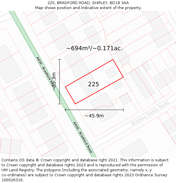 225, BRADFORD ROAD, SHIPLEY, BD18 3AA: Plot and title map