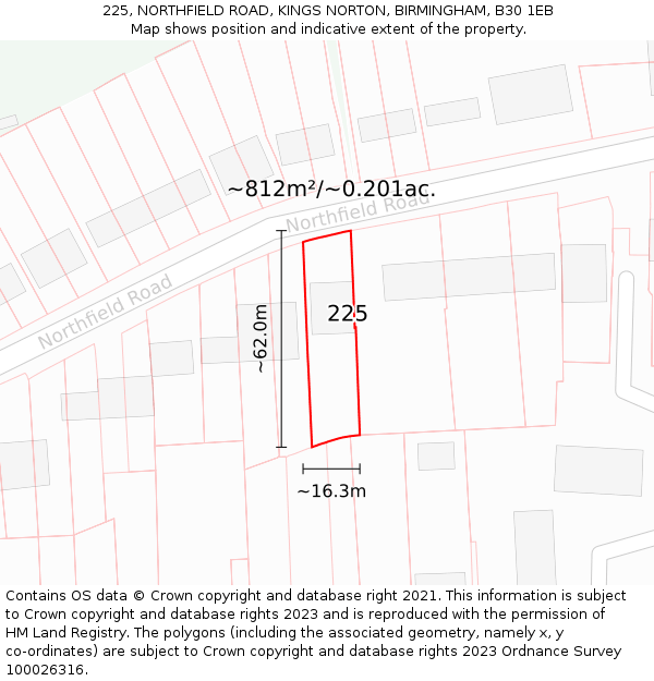 225, NORTHFIELD ROAD, KINGS NORTON, BIRMINGHAM, B30 1EB: Plot and title map