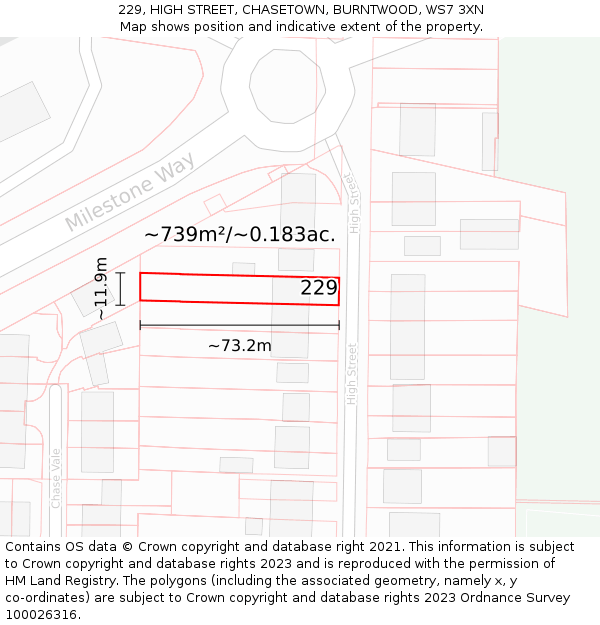 229, HIGH STREET, CHASETOWN, BURNTWOOD, WS7 3XN: Plot and title map