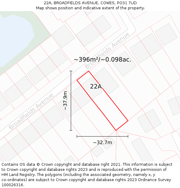 22A, BROADFIELDS AVENUE, COWES, PO31 7UD: Plot and title map