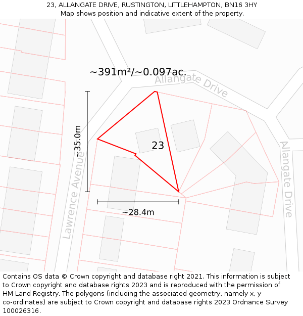 23, ALLANGATE DRIVE, RUSTINGTON, LITTLEHAMPTON, BN16 3HY: Plot and title map