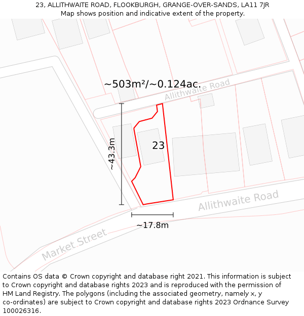 23, ALLITHWAITE ROAD, FLOOKBURGH, GRANGE-OVER-SANDS, LA11 7JR: Plot and title map