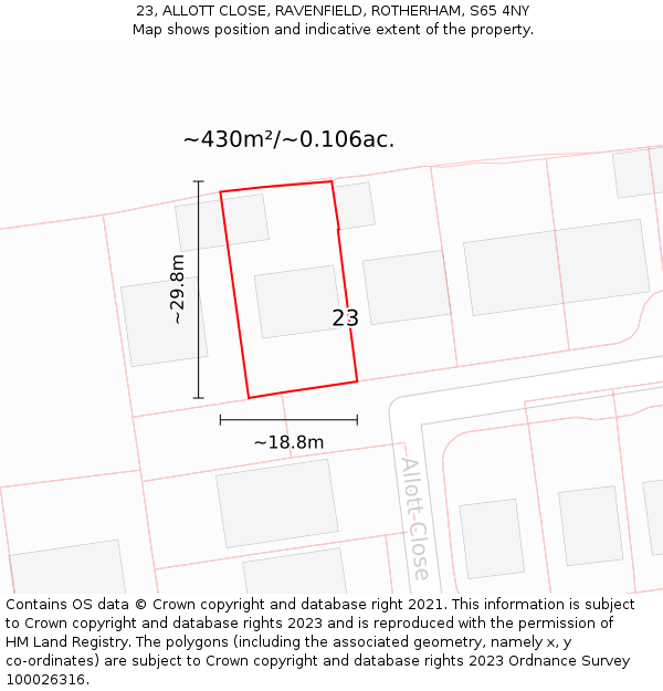 23, ALLOTT CLOSE, RAVENFIELD, ROTHERHAM, S65 4NY: Plot and title map