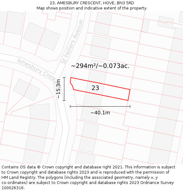 23, AMESBURY CRESCENT, HOVE, BN3 5RD: Plot and title map