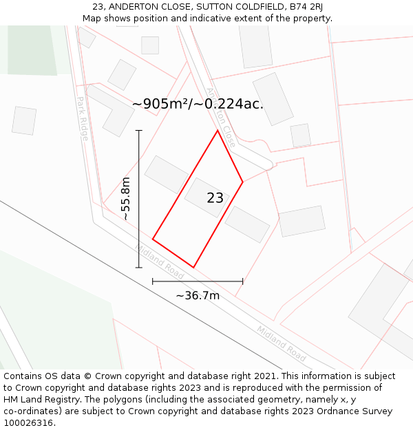 23, ANDERTON CLOSE, SUTTON COLDFIELD, B74 2RJ: Plot and title map