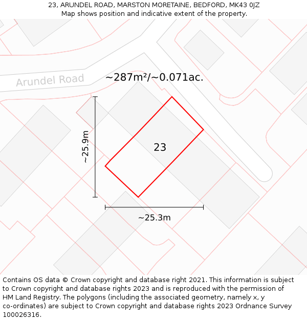 23, ARUNDEL ROAD, MARSTON MORETAINE, BEDFORD, MK43 0JZ: Plot and title map