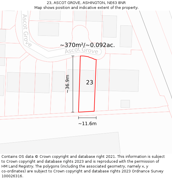 23, ASCOT GROVE, ASHINGTON, NE63 8NR: Plot and title map