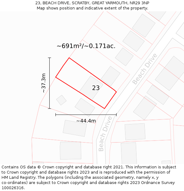 23, BEACH DRIVE, SCRATBY, GREAT YARMOUTH, NR29 3NP: Plot and title map