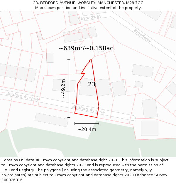 23, BEDFORD AVENUE, WORSLEY, MANCHESTER, M28 7GG: Plot and title map