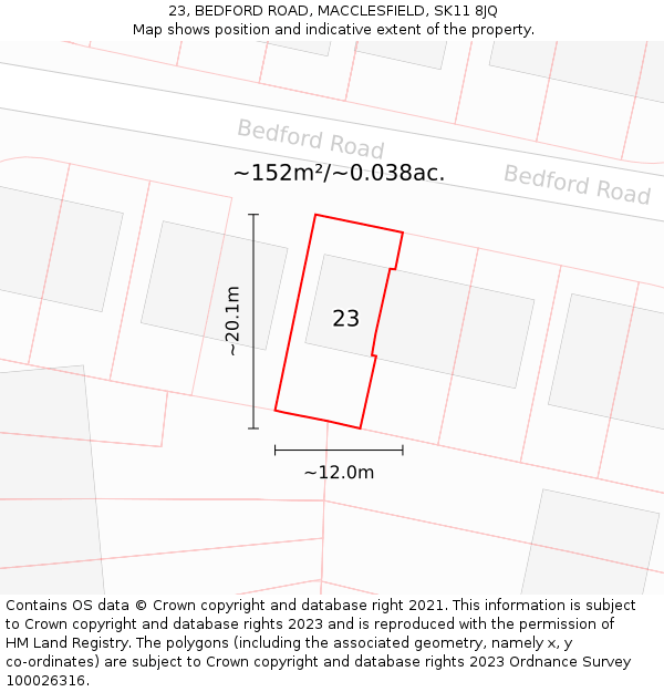 23, BEDFORD ROAD, MACCLESFIELD, SK11 8JQ: Plot and title map