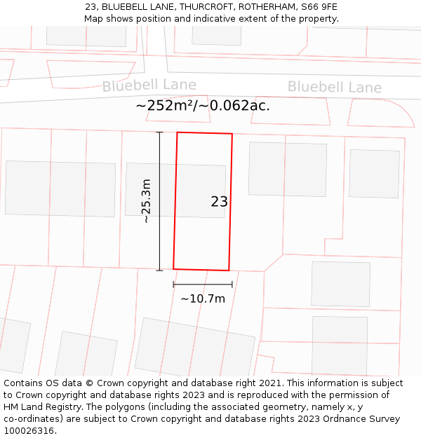 23, BLUEBELL LANE, THURCROFT, ROTHERHAM, S66 9FE: Plot and title map