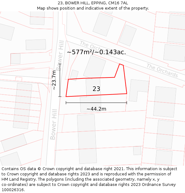 23, BOWER HILL, EPPING, CM16 7AL: Plot and title map