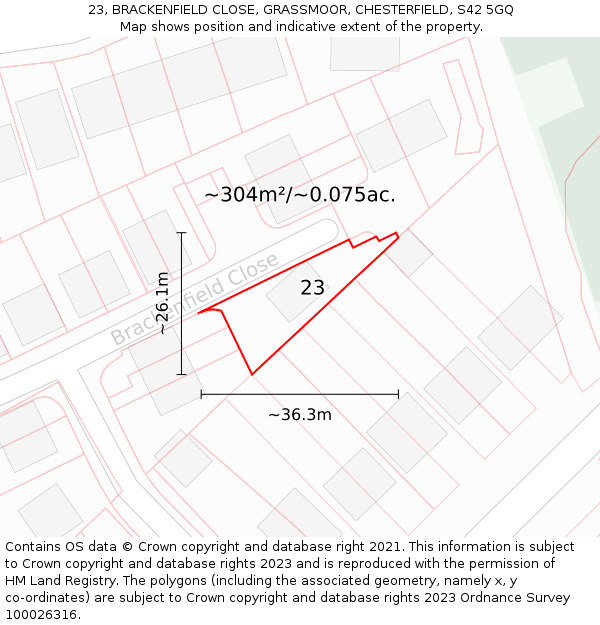 23, BRACKENFIELD CLOSE, GRASSMOOR, CHESTERFIELD, S42 5GQ: Plot and title map