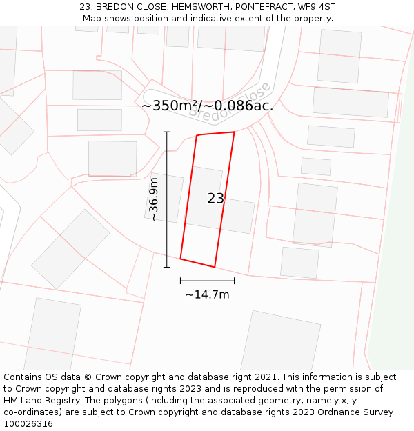 23, BREDON CLOSE, HEMSWORTH, PONTEFRACT, WF9 4ST: Plot and title map