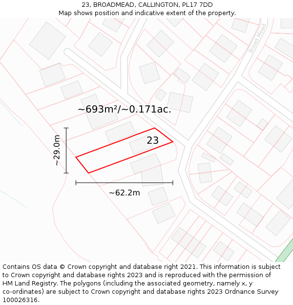 23, BROADMEAD, CALLINGTON, PL17 7DD: Plot and title map