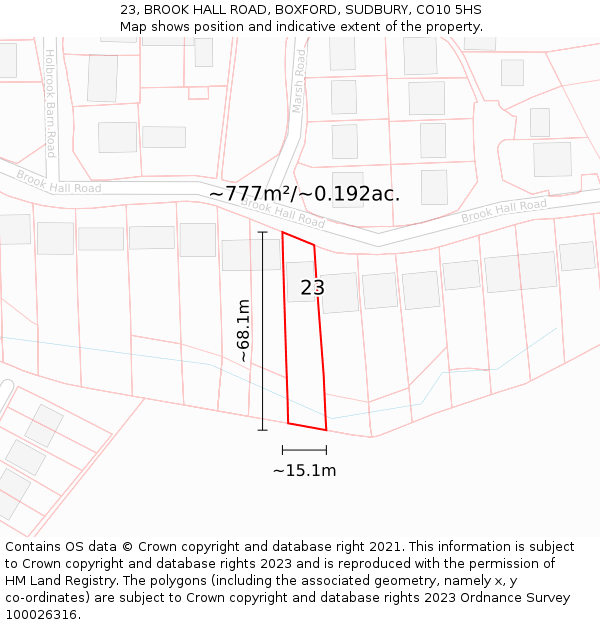 23, BROOK HALL ROAD, BOXFORD, SUDBURY, CO10 5HS: Plot and title map