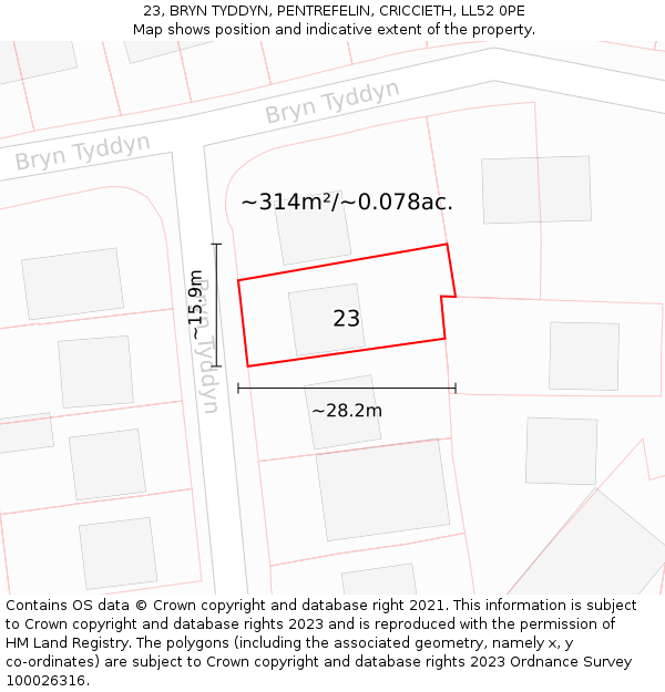 23, BRYN TYDDYN, PENTREFELIN, CRICCIETH, LL52 0PE: Plot and title map