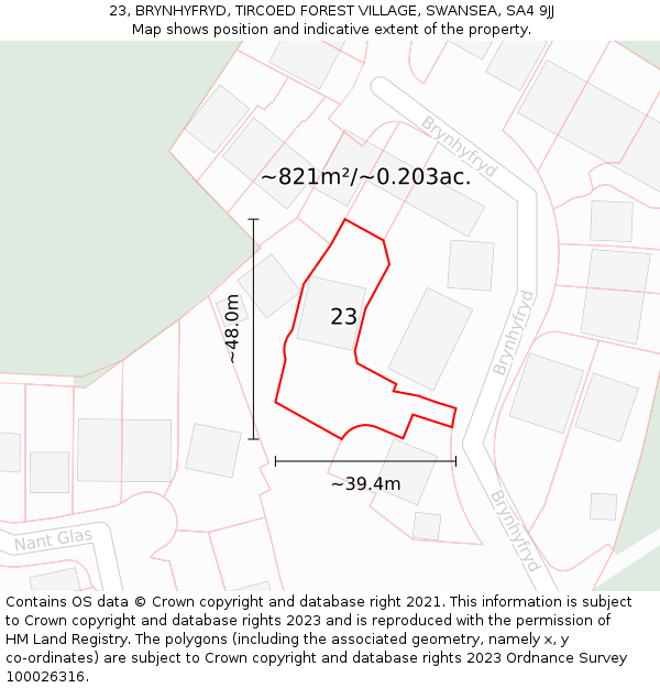 23, BRYNHYFRYD, TIRCOED FOREST VILLAGE, SWANSEA, SA4 9JJ: Plot and title map