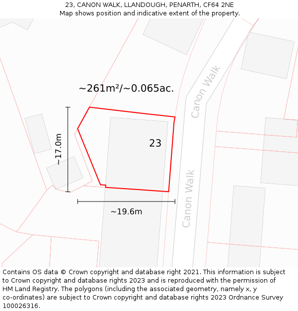 23, CANON WALK, LLANDOUGH, PENARTH, CF64 2NE: Plot and title map