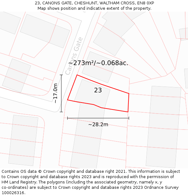 23, CANONS GATE, CHESHUNT, WALTHAM CROSS, EN8 0XP: Plot and title map