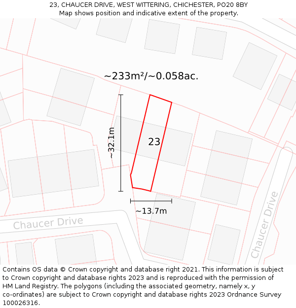 23, CHAUCER DRIVE, WEST WITTERING, CHICHESTER, PO20 8BY: Plot and title map