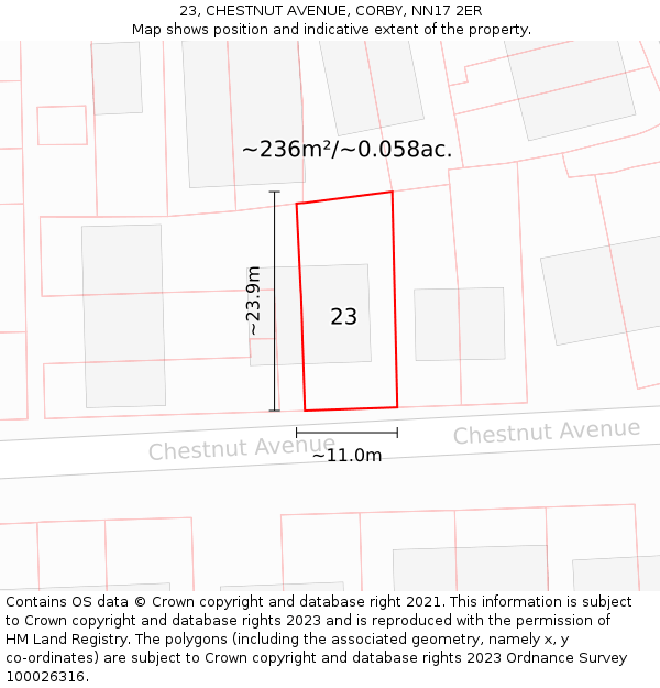 23, CHESTNUT AVENUE, CORBY, NN17 2ER: Plot and title map