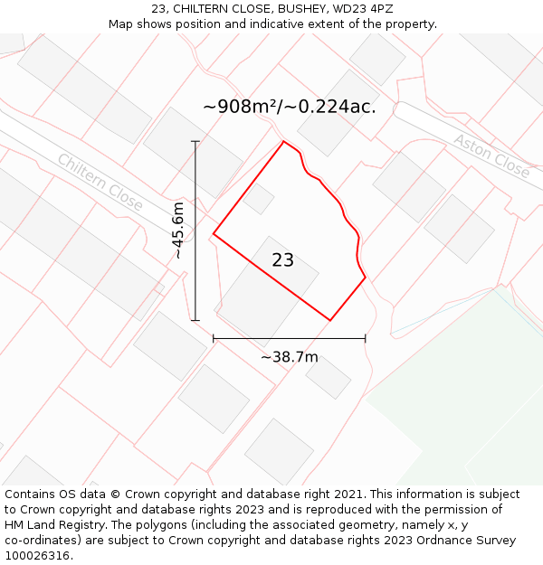 23, CHILTERN CLOSE, BUSHEY, WD23 4PZ: Plot and title map