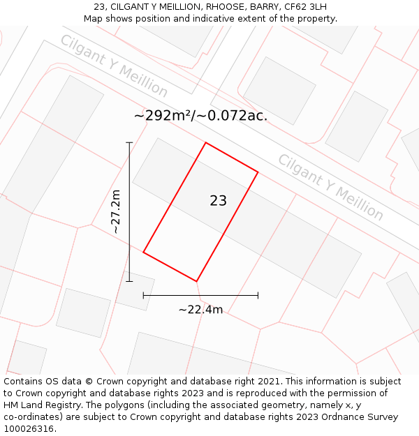 23, CILGANT Y MEILLION, RHOOSE, BARRY, CF62 3LH: Plot and title map