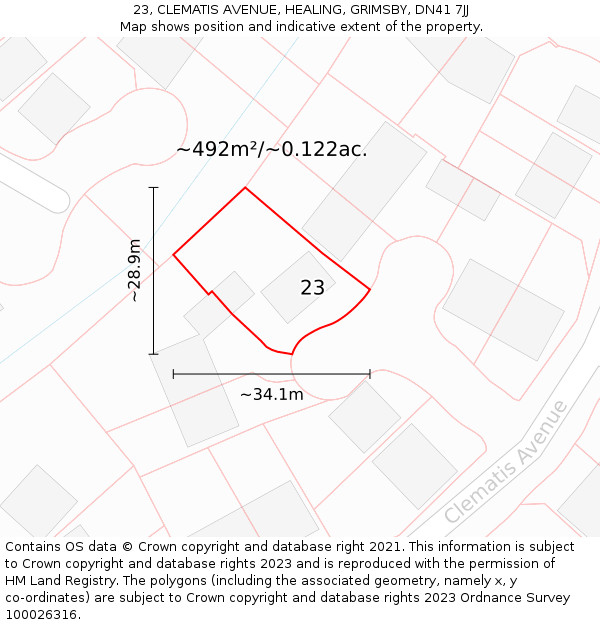 23, CLEMATIS AVENUE, HEALING, GRIMSBY, DN41 7JJ: Plot and title map