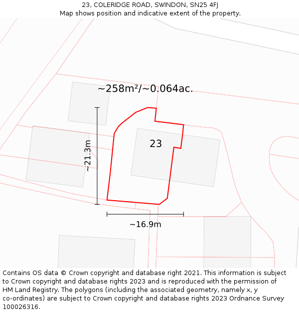 23, COLERIDGE ROAD, SWINDON, SN25 4FJ: Plot and title map