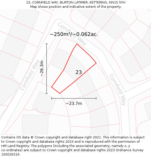 23, CORNFIELD WAY, BURTON LATIMER, KETTERING, NN15 5YH: Plot and title map