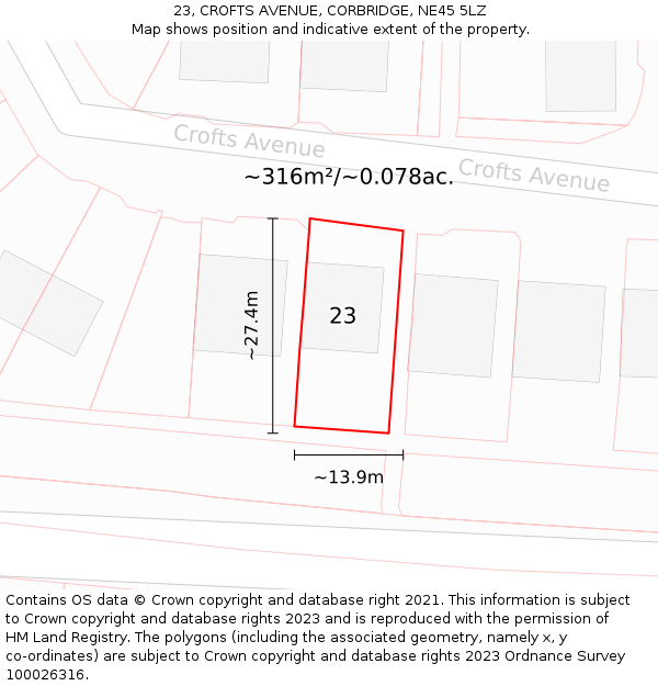 23, CROFTS AVENUE, CORBRIDGE, NE45 5LZ: Plot and title map