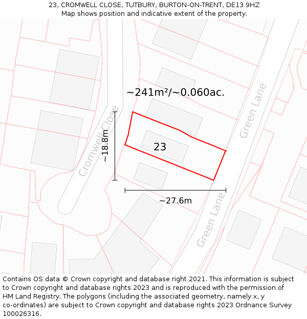 23, CROMWELL CLOSE, TUTBURY, BURTON-ON-TRENT, DE13 9HZ: Plot and title map