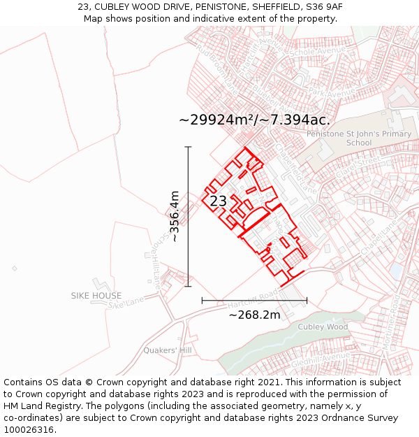 23, CUBLEY WOOD DRIVE, PENISTONE, SHEFFIELD, S36 9AF: Plot and title map