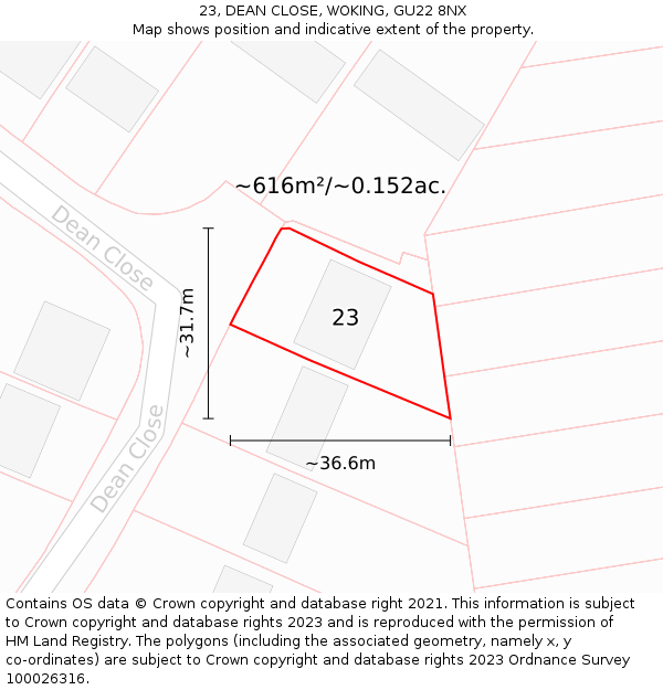 23, DEAN CLOSE, WOKING, GU22 8NX: Plot and title map