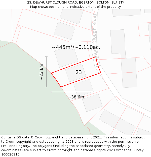 23, DEWHURST CLOUGH ROAD, EGERTON, BOLTON, BL7 9TY: Plot and title map