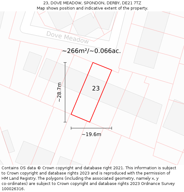 23, DOVE MEADOW, SPONDON, DERBY, DE21 7TZ: Plot and title map