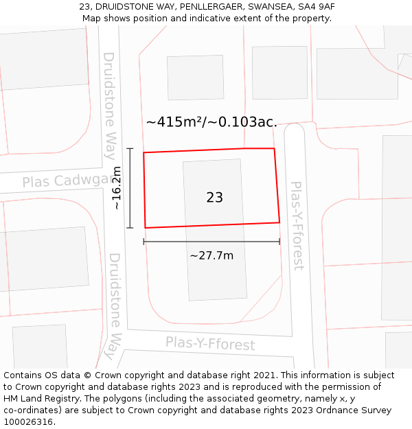 23, DRUIDSTONE WAY, PENLLERGAER, SWANSEA, SA4 9AF: Plot and title map